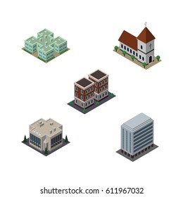 Isometric Building Set Of Office, House, Clinic And Other Vector Objects. Also Includes Office, Company, Building Elements.