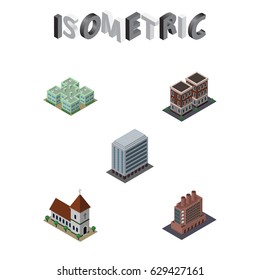 Isometric Building Set Of Office, Industry, Clinic And Other Vector Objects. Also Includes Factory, Home, Office Elements.