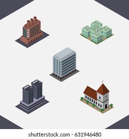 Isometric Building Set Of Office, Industry, Chapel And Other Vector Objects. Also Includes Building, House, Office Elements.