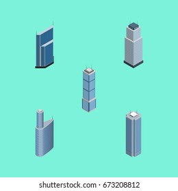 Isometric Building Set Of Residential, Building, Skyscraper And Other Vector Objects. Also Includes Apartment, Business