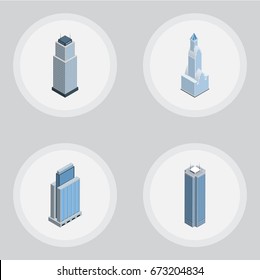Isometric Building Set Of Skyscraper, Urban, Cityscape And Other Vector Objects. Also Includes Skyscraper, Tower, Urban Elements.