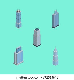 Isometric Building Set Of Tower, Exterior, Urban And Other Vector Objects. Also Includes Tower, Residential, Building Elements.