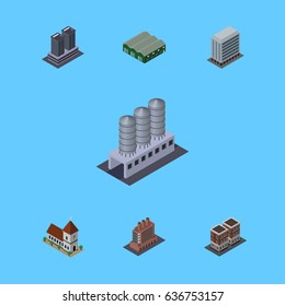 Isometric Building Set Of Tower, Office, Warehouse And Other Vector Objects. Also Includes Warehouse, Firm, Home Elements.