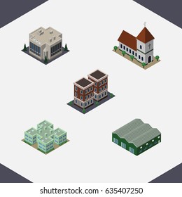 Isometric Building Set Of Warehouse, House, Clinic And Other Vector Objects. Also Includes Storage, Building, Chapel Elements.
