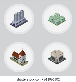 Isometric Building Set Of Water Storage, Clinic, Chapel And Other Vector Objects. Also Includes Tank, Clinic, Company Elements.