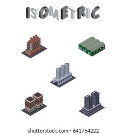 Isometric Building Set Of Water Storage, House, Warehouse And Other Vector Objects. Also Includes Building, Tank, House Elements.