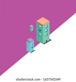 Isometric building with shadow and purple background