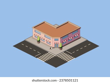 Isometric building of a shop at the corner of the street, vector illustration.