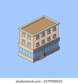 Isometric building of a shop at the corner of the street, vector illustration.