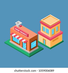 Isometric building shop, design isometric landmarks