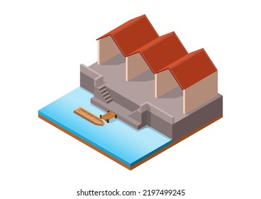 isometric building side of sea with wooden boat