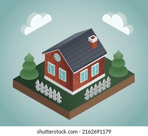 Isometric building. Small 3d house with a gable roof and white fence. 