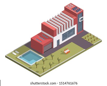 Isometric building with swimming pool and dining table along garden yard background.