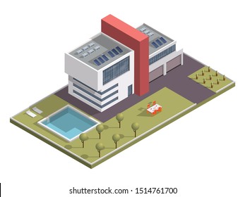Edificio isométrico con piscina y mesa de comedor a lo largo del jardín.