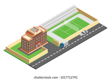 isometric building and tennis court