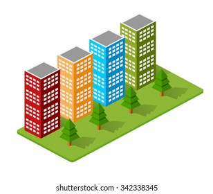 Isometric building, town houses, skyscrapers and streets made in perspective projection for design sites, business portals and real estate agencies