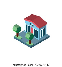 Isometric building with trees design, City architecture urban modern downtown contemporary metropolis exterior and construction theme Vector illustration