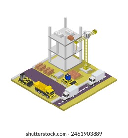 Isometric building under construction illustrated on white background