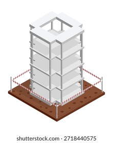 Edifício isométrico em construção com fita de segurança