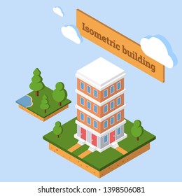 Isometric building vector. 3d isometric icon or infographic element representing low poly town apartment building.