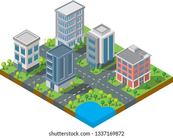 Isometric Building vector. four building on Yard with road and trees.smart city and public park.building 3d , capital , Vector office and metropolis concept.