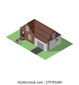 Isometric building vector isolated on white. Illustration of family living house with garage. Location of 3d building, mailbox, garage and driveway. Residential house for app, game, web, maps