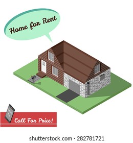 Isometric building vector isolated on white. House for rent. Promo of family brick and wood house for rent. Living location for apps and game. 3D model of house