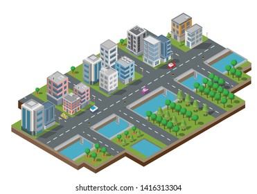 Isometric Building vector. They are  on Yard with road and trees.smart city and public park.building 3d,cars,capital , Vector office and metropolis concept.