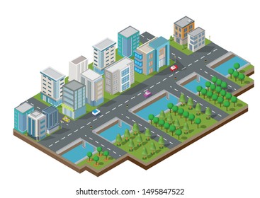 Isometric Building vector. They are  on Yard with road and trees.smart city and public park.building 3d,cars,capital , Vector office and metropolis concept.