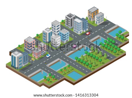 Isometric Building vector. They are  on Yard with road and trees.smart city and public park.building 3d,cars,capital , Vector office and metropolis concept.