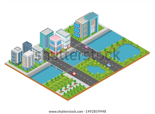 Isometric Building vector. They are \
on Yard with road and trees.smart city and public park.building\
3d,cars,capital , Vector office and metropolis\
concept.