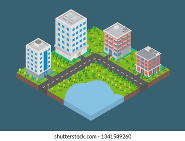 Isometric Building vector. Three building on Yard with road and trees.smart city and public park.building 3d , capital , Vector office and metropolis concept.