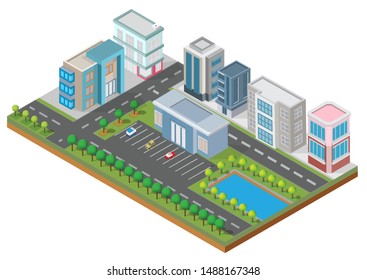 Isometric Building vector. Three building on Yard with road and trees.smart city and public park.building 3d,cars,capital , Vector office and metropolis concept.
