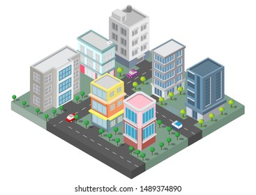 Isometric Building vector. Three building on Yard with road and trees.smart city and public park.building 3d,cars,capital , Vector office and metropolis concept.