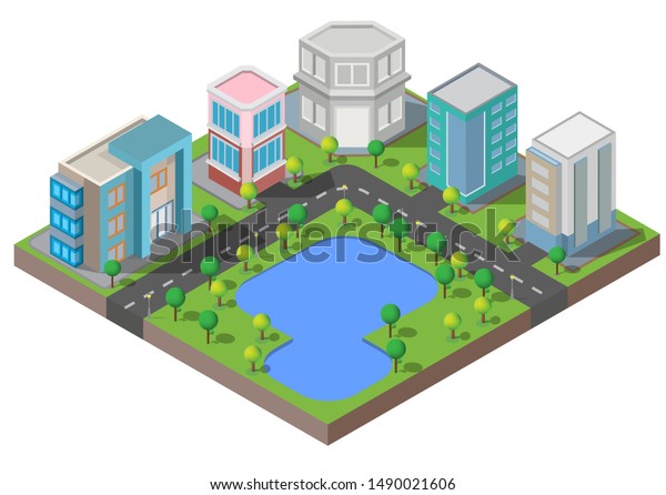 Isometric Building vector. Three\
building on Yard with road and trees.smart city and public\
park.building 3d,cars,capital , Vector office and metropolis\
concept.