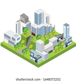Construcción isométrica vectorial y ciudad... construcción 3d, ciudad inteligente, concepto de oficina vectorial y apartamentos de ciudad.