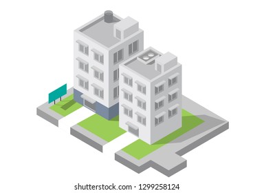 Isometric Building vector. Two building on Yard with road. building 3d , smart city, Vector office and town apartment concept
