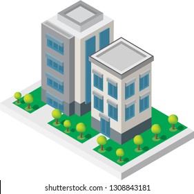 Isometric Building vector. Two building on Yard with road. building 3d , smart city, Vector office and town apartment concept.