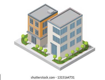 Isometric Building vector. Two building on Yard with road. building 3d , smart city, Vector office and town apartment concept.