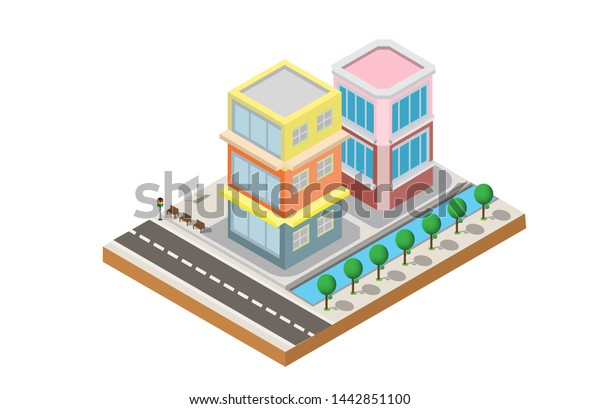Isometric Building vector. Two building on Yard\
with road and trees.building 3d , smart city,Vector office and town\
apartment concept.