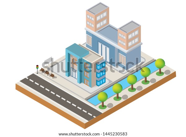 Isometric Building vector. Two building on Yard\
with road. building 3d , smart city, Vector office and town\
apartment concept.