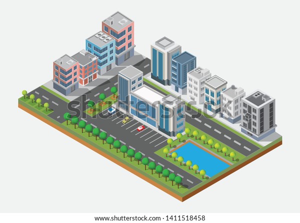 Isometric Building vector.Smart town\
on Yard with road , can and trees.smart city and public\
park.building 3d,cars,capital , Vector office and metropolis\
concept.
