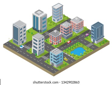 Isometric Building vector.They are on Yard with road and trees.smart city and public park.building 3d,cars,capital , Vector office and metropolis concept.