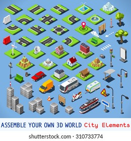 Isometric Buildings Blocks World. Road Street Game Tiles. Isometric icons infographic concept set. Building City map Urban Furniture Elements Crossroad Traffic Light Flat 3d skyscraper bus Vector 3d