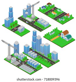 Isometric buildings and building constructions with trees and roads. Public buildings, country houses, living complexes and skyscrapers in 3d in isometric cartoon style.