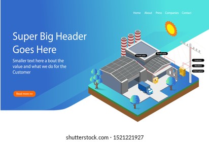 Isometric Buildings. Isometric Building With Solar Panel. Road, Green Bushes In Front Of House And Factory Or Fabrica. Vector Illustration Isometric Style