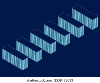 Isometric buildings. Business offices, apartment houses, skyscrapers for infographic city map, architectural landscape. 3d vector set. Illustration of skyscraper building, house city isometric