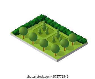 Isometric buildings city park furniture. Parkland garden concept with tree, bench and sidewalk in 3d flat dimensional style. Vector illustration.