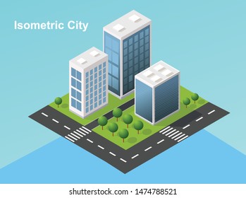 Isometric buildings. City streets with roads and trees. Build the concept of 3d, cars, offices and the metropolis. City infrastructure. Vector image.