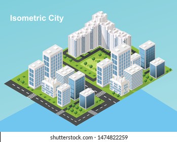 Isometric buildings. City streets with roads and trees. Build the concept of 3d, cars, offices and the metropolis. City infrastructure. Vector image.